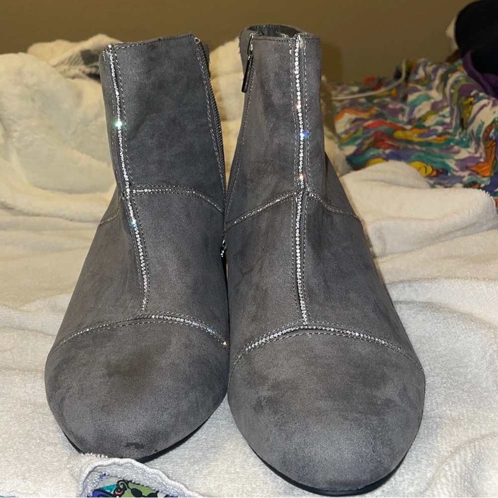 Gray Rhinestone Block Heel Bootie